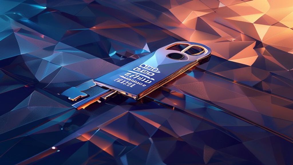 Create an abstract geometric composition for a cryptocurrency security editorial cover featuring a FIDO2 security key as