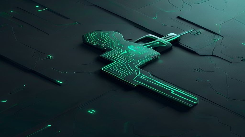Create a minimalist 3D render of an abstract security key device floating in dark space, featuring matte surfaces with n