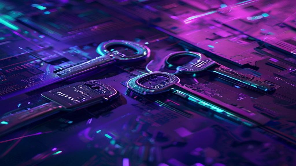 Create a cyberpunk editorial cover image showing two security keys positioned at dramatic angles under neon purple and c