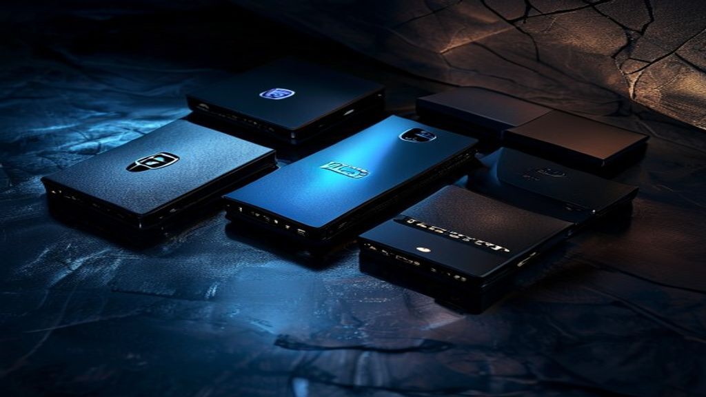 Create a dark moody studio shot of three distinct hardware wallets—Trezor, Ledger, and SecuX devices—arranged asymmetric
