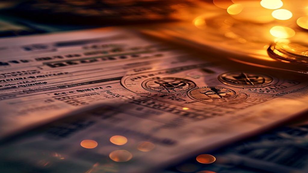 Create a sophisticated editorial cover image for a crypto tax compliance article. Show a close-up of official tax docume