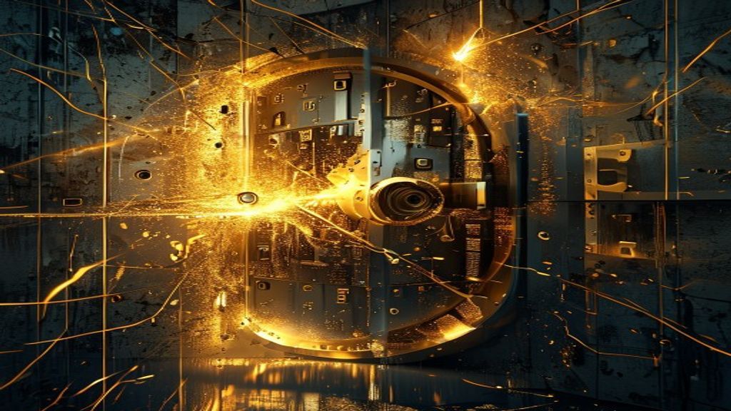 Design a dramatic editorial cover image for a cryptocurrency security breach story. Visualize a broken digital vault doo