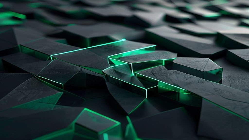 A minimalist 3D render showcasing an abstract Solana token structure with geometric crystalline forms in matte surfaces,