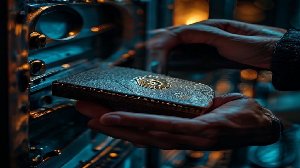 Create an editorial photograph for a cryptocurrency news portal featuring a close-up of weathered hands carefully securi