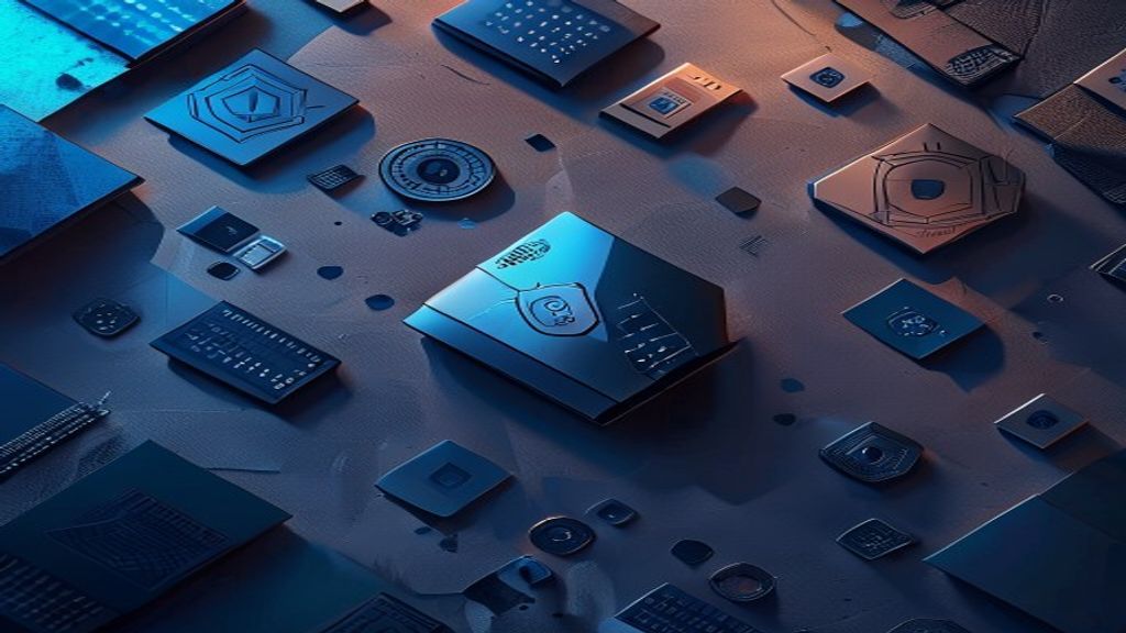 Create an overhead flatlay editorial cover image for a cryptocurrency security article about Trezor multi-share backup.