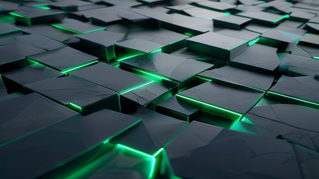 Create a minimalist 3D render of fragmented geometric shapes in matte finish, each piece glowing with neon green and tea