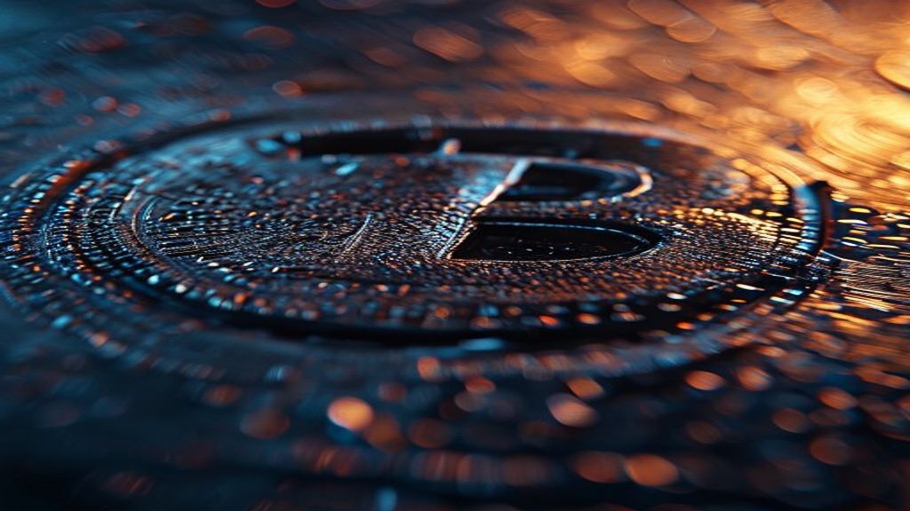Create a macro photography editorial cover image for a cryptocurrency news portal featuring an extreme close-up of Bitco