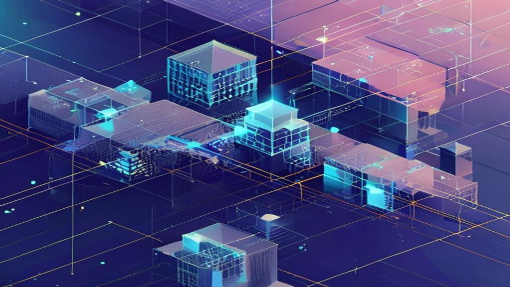 Create an isometric digital illustration for a blockchain editorial cover showing two distinct architectural layers inte