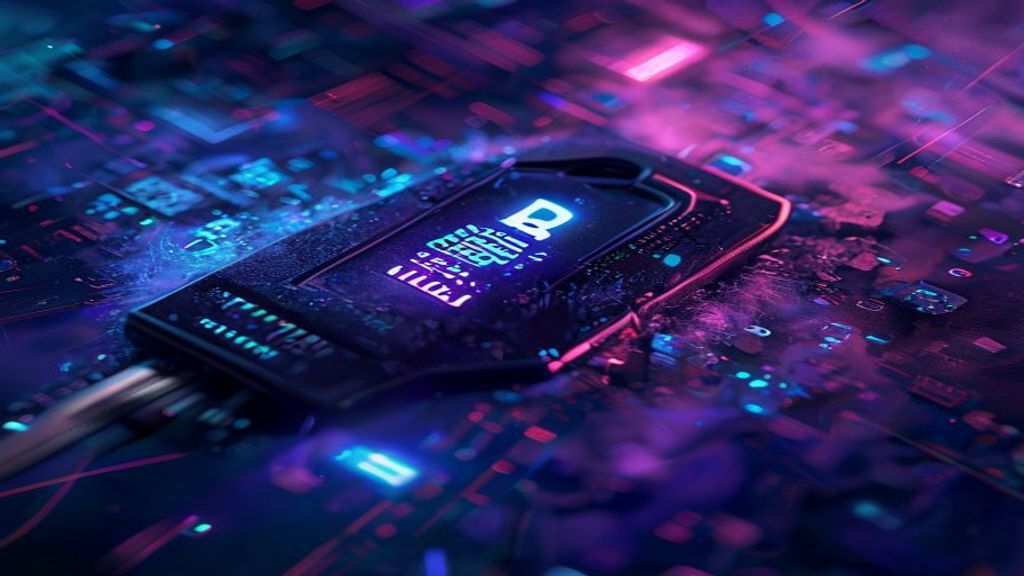 Generate a cyberpunk editorial cover image featuring a close-up of a FIDO2 security key device emerging from digital mis