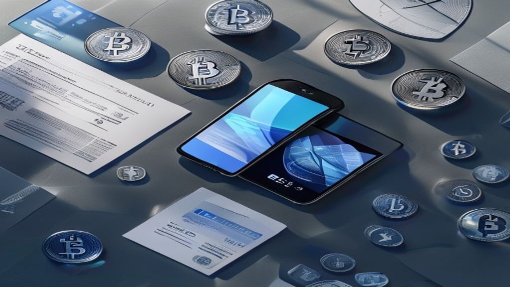 Create an overhead flatlay editorial image for a cryptocurrency payment article. Compose a refined scene featuring a mod