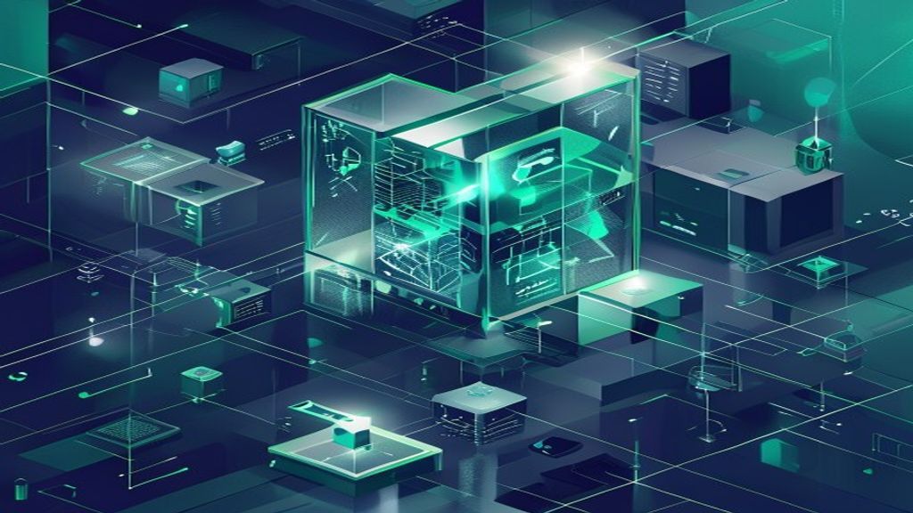 Create an isometric digital illustration featuring a layered security concept: a geometric digital vault with translucen
