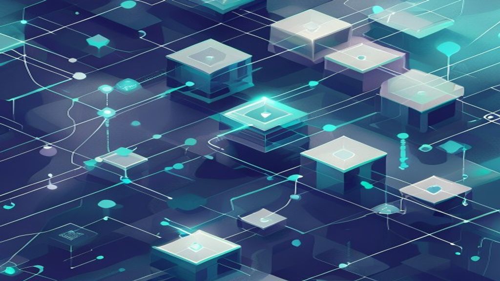 Create an isometric digital illustration for an editorial cover about smart contracts for beginners. Show interconnected