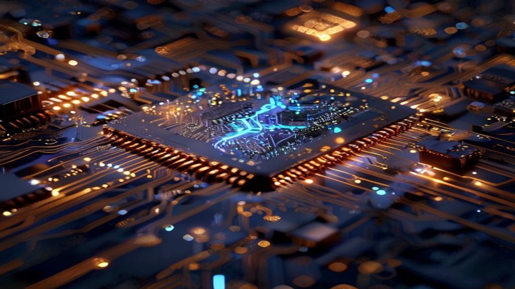 Create a macro photography image in extreme closeup of a secure element chip's intricate internal circuitry, revealing m