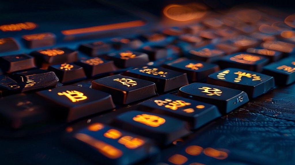 Create an editorial photography image with cinematic lighting showing a close-up of a vintage computer keyboard with Bit