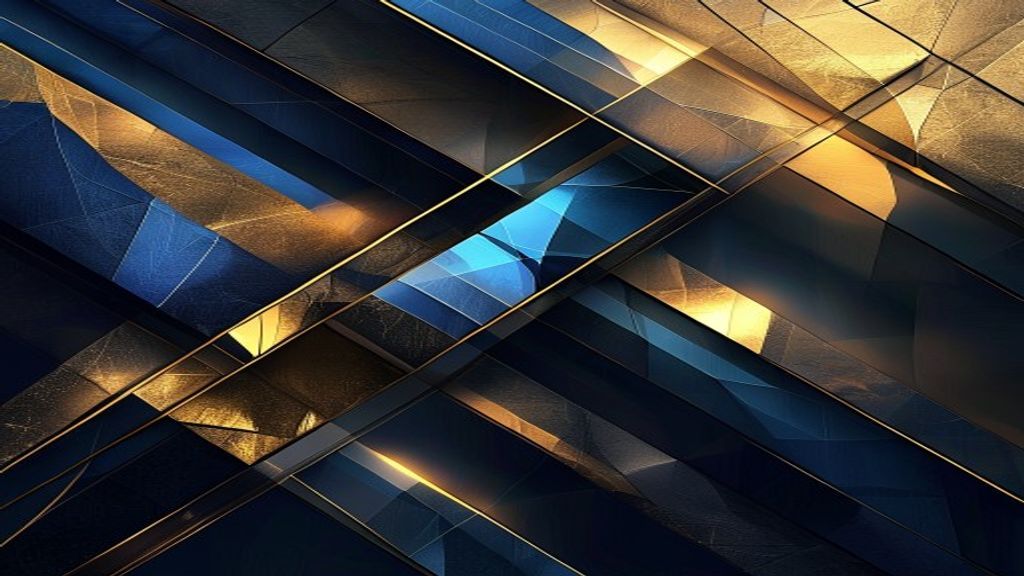 Create an abstract geometric editorial cover featuring layered gradient meshes in deep blues, golds, and charcoal blacks