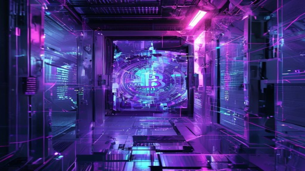 Create a cyberpunk editorial cover image for a cryptocurrency blog post about Bitcoin ETFs versus self-custody. Composit