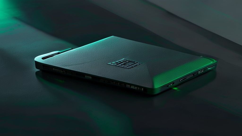 Create a minimalist 3D render of a hardware wallet device positioned at an unconventional low angle, with matte charcoal