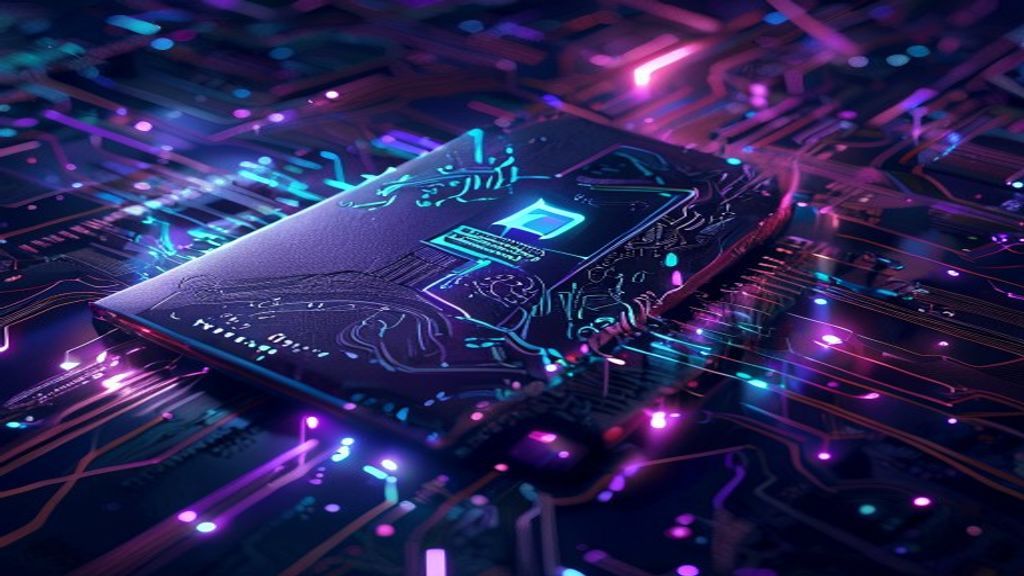 Create a cinematic editorial cover for a cryptocurrency security article featuring an abstract hardware wallet device ph