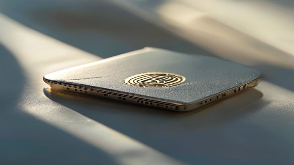 Generate an editorial cover image for a cryptocurrency security article featuring the SecuX NeoGold hardware wallet. Use