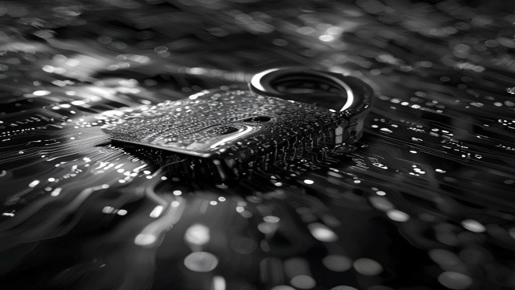 Create a high-contrast black and white editorial photograph for a cryptocurrency security article. Feature a close-up of