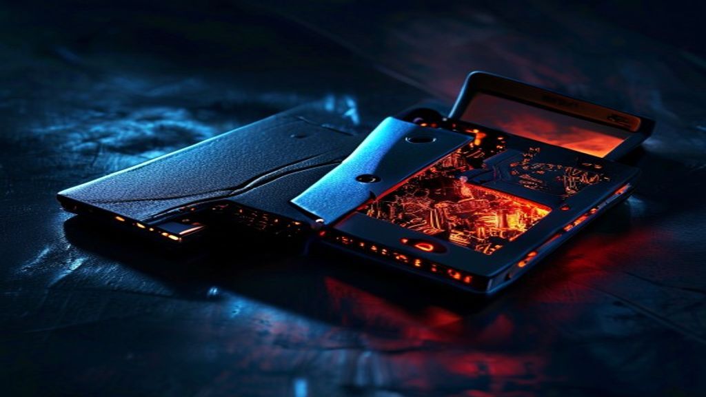 Create a cinematic editorial photograph showing a counterfeit hardware wallet device split in half, revealing hidden mal