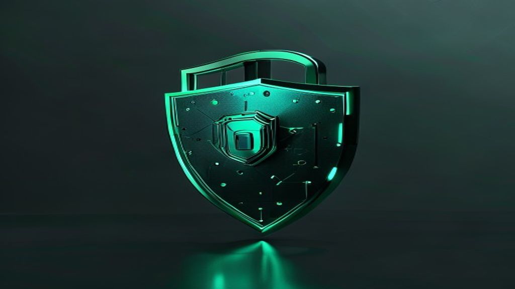 Create a minimalist 3D render editorial cover featuring an abstract shield or lock mechanism with matte surfaces in neon