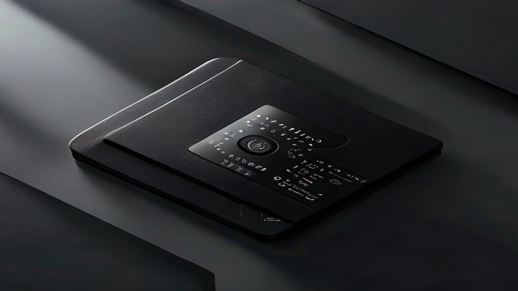 Create a sophisticated overhead flatlay composition of the Trezor Safe 5 hardware wallet, showcasing its sleek touchscre