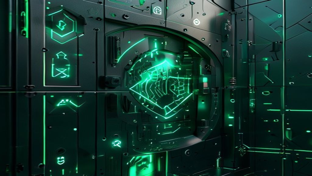 Create a minimalist 3D render editorial cover featuring an abstract digital security vault door with geometric patterns