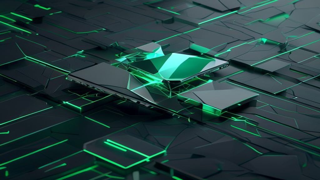 Create a minimalist 3D render editorial cover featuring an abstract geometric representation of mobile security and bloc