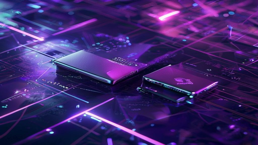 Create a cinematic editorial cover image comparing two premium hardware wallets in a cyberpunk aesthetic. Feature sleek,