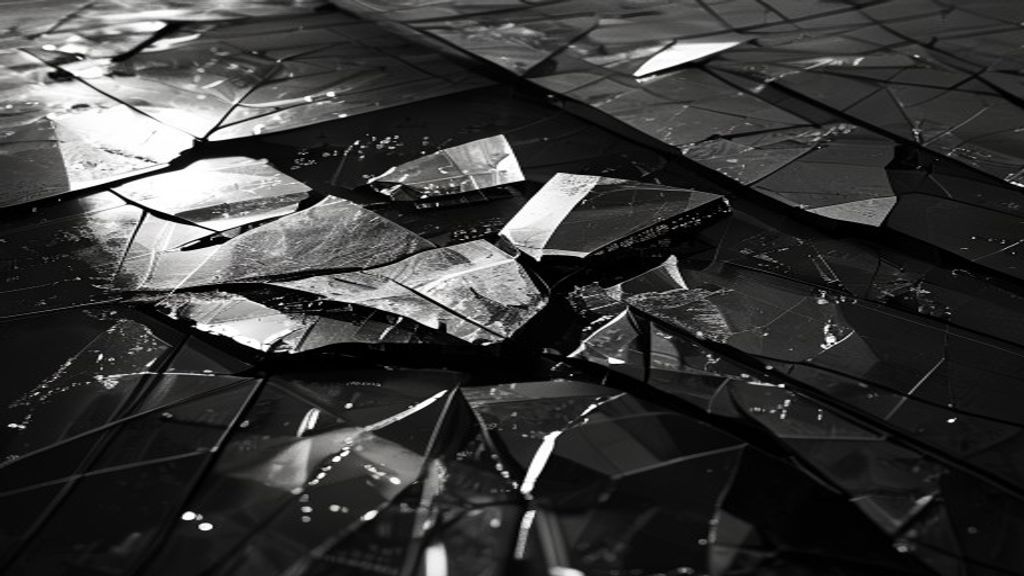 Create a high-contrast black and white editorial image for a cryptocurrency security breach story. Photograph a fracture