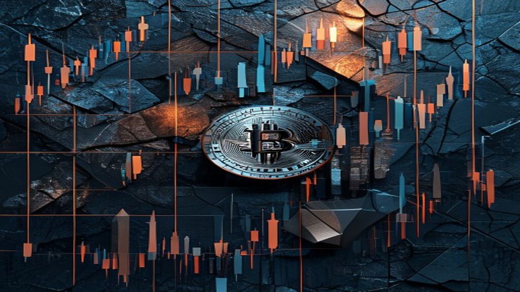 Create a sophisticated overhead flatlay editorial cover image for a cryptocurrency finance article about Bitcoin volatil