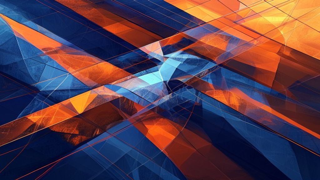 Create an abstract geometric editorial cover featuring layered translucent planes in deep blues and vibrant oranges inte