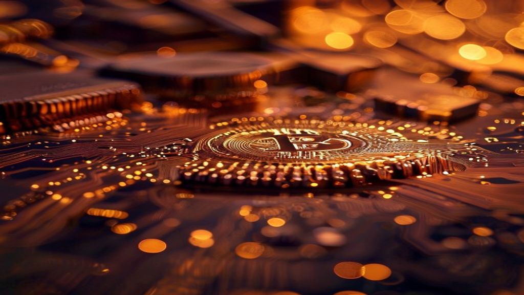 Create a premium editorial cover image for a cryptocurrency blog post about Bitcoin Gold mining. Feature a close-up macr