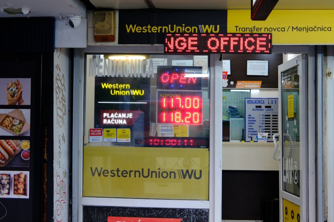 Western union exchange office with open sign