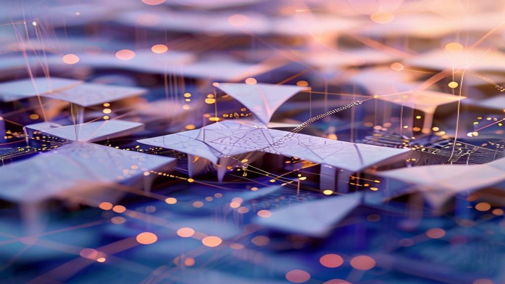 Create an editorial cover image for a cryptocurrency blog post about Cardano blockchain. Feature an abstract architectur