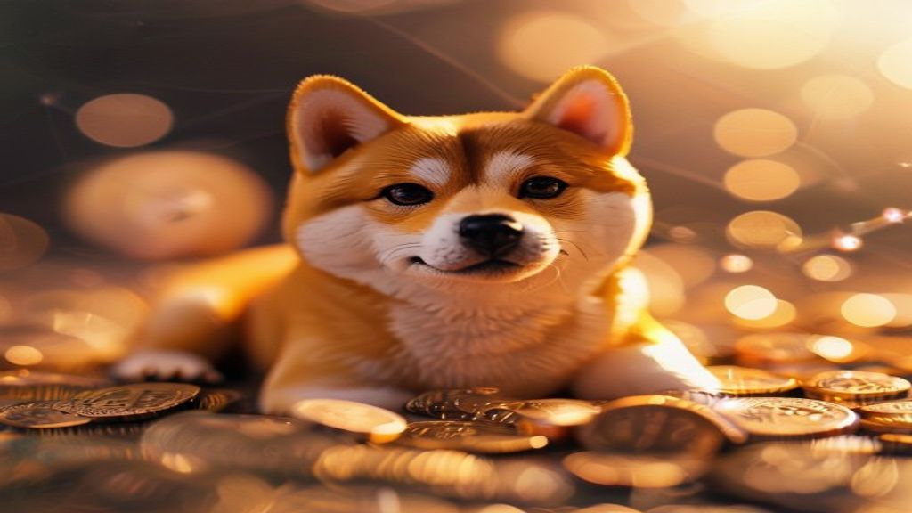 Create an editorial cover image for a cryptocurrency article about Dogecoin. Feature a playful Shiba Inu dog figurine in