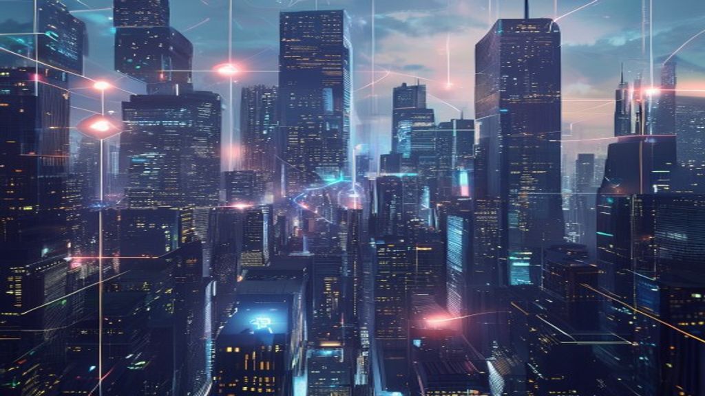 artificial intelligence blockchain cityscape futuristic
