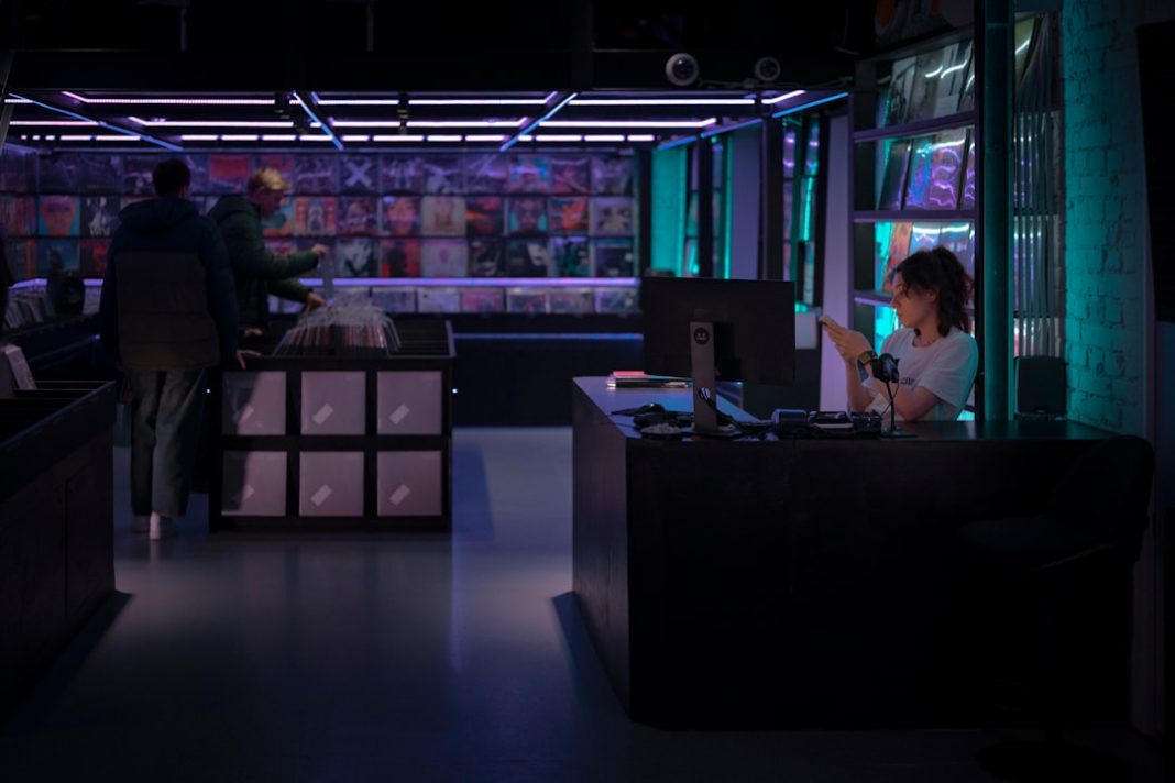 A man and a woman in a dark room