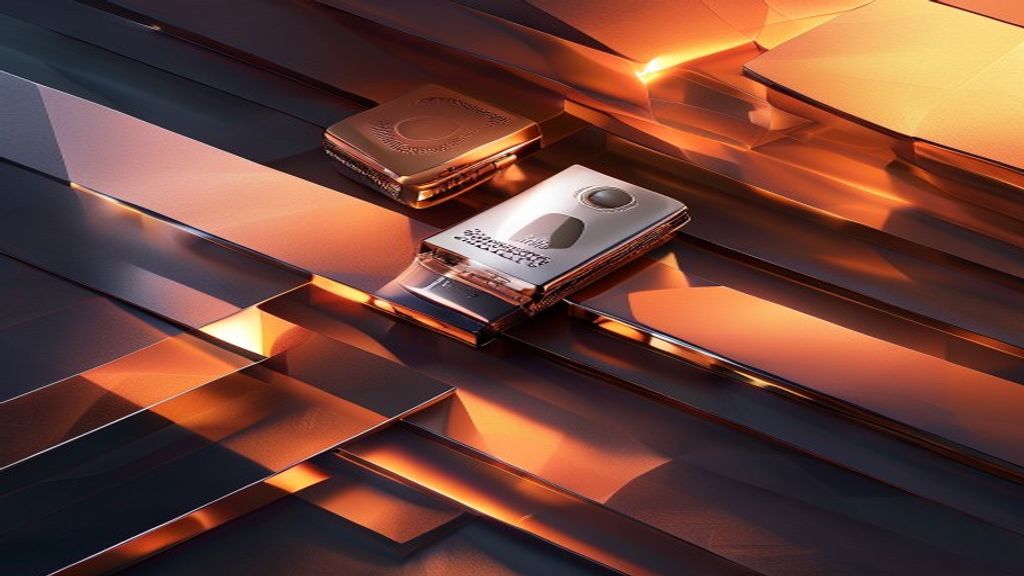 Create an abstract editorial cover image for a cryptocurrency hardware wallet comparison article. Feature two sleek secu