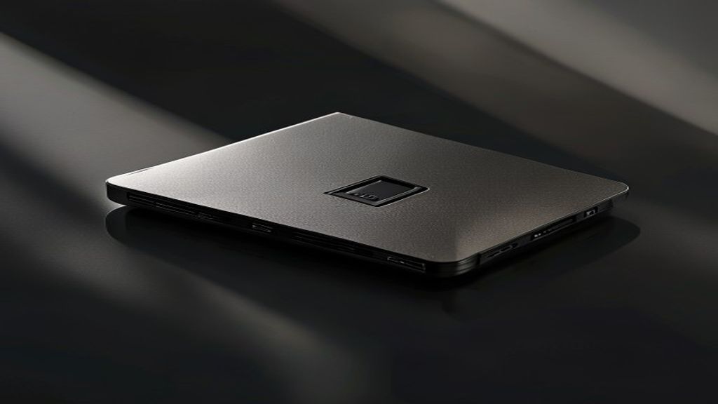 Create an editorial photograph showcasing a sleek hardware wallet device positioned at an oblique angle against a minima