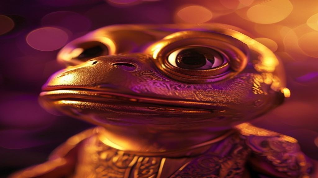 Create a premium editorial cover image for a cryptocurrency news portal featuring the Pepe meme token concept. Capture a