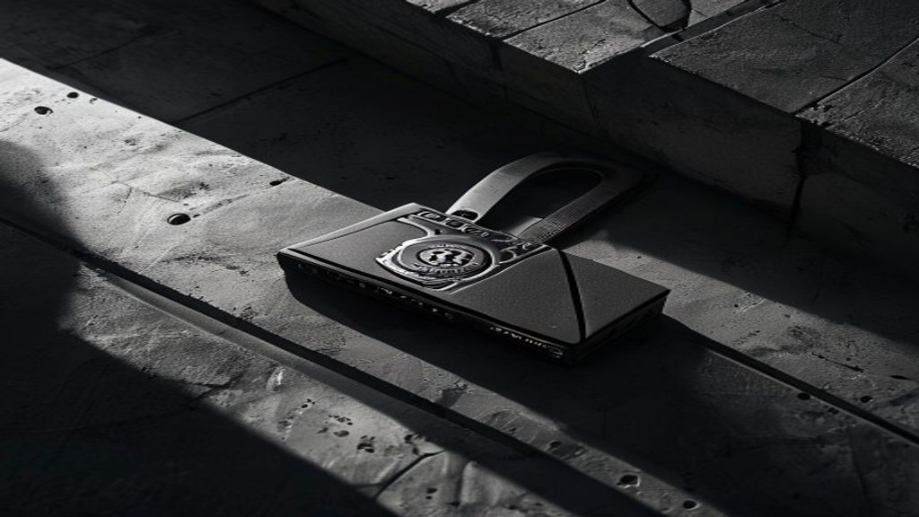 Generate a high-contrast black and white editorial image for a cryptocurrency security article. Photograph a Trezor Mode
