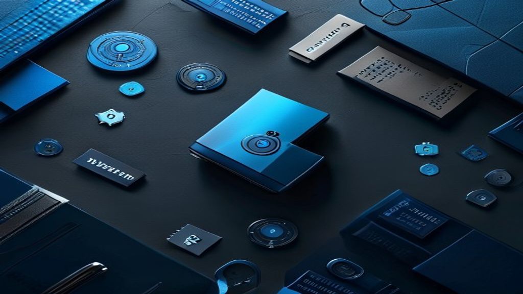 Create a sophisticated overhead flatlay composition featuring a Trezor Safe 3 hardware wallet positioned asymmetrically