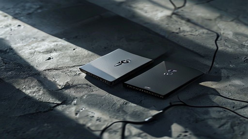 Create a documentary-style editorial image comparing two hardware wallets in a dramatic, minimalist composition. Feature