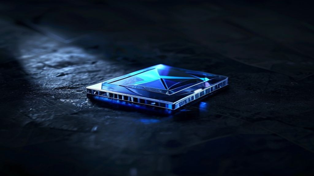 Create a dark moody studio shot of a translucent USDC token reflecting cool blue and silver light, positioned at an unco
