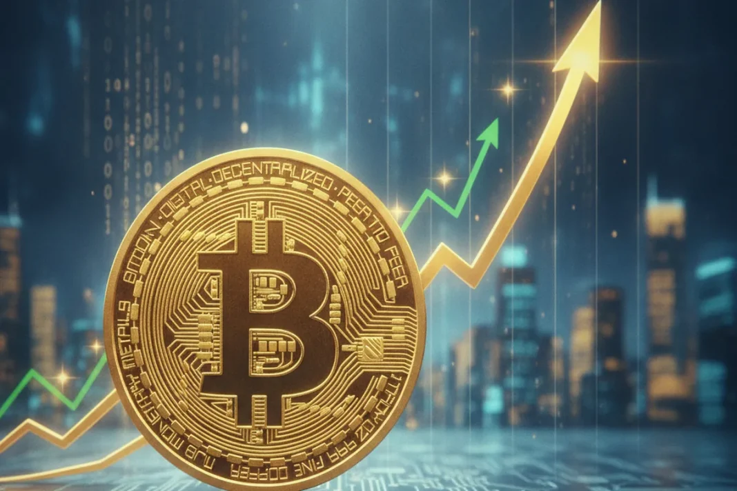 bitcoin price surge golden coin chart uptrend