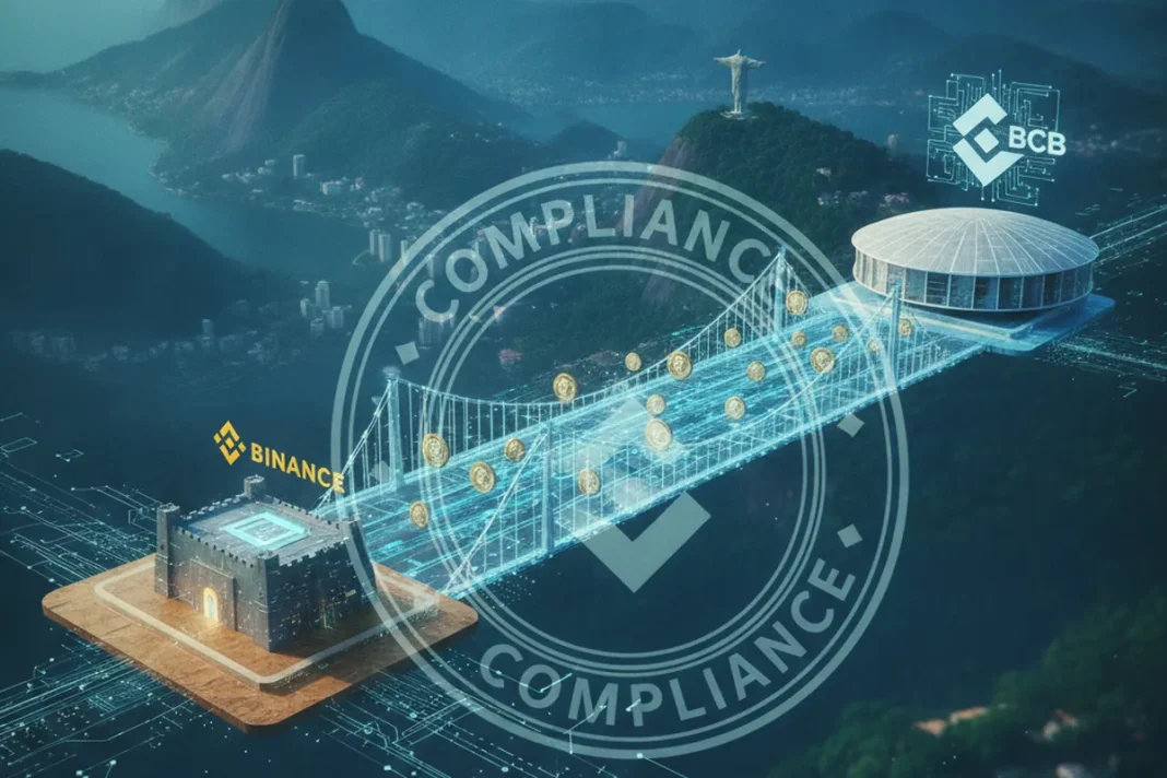 Logo da Binance com bandeira do Brasil ao fundo, representando novas regras do Banco Central para depósitos e saques