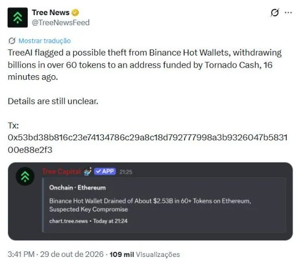 Post do Tree News no X às 17h41 de 29 de outubro de 2026 sinalizando possível roubo de carteiras quentes da Binance