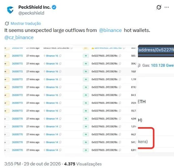 Post da PeckShield no X às 17h55 apontando saídas grandes e inesperadas das carteiras quentes da Binance, com captura das transferências da Binance 14 e da Binance 16